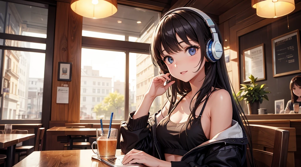 Girl with headphones enjoying music in a cafe　I am studying　Emphasize a little bit of the chest