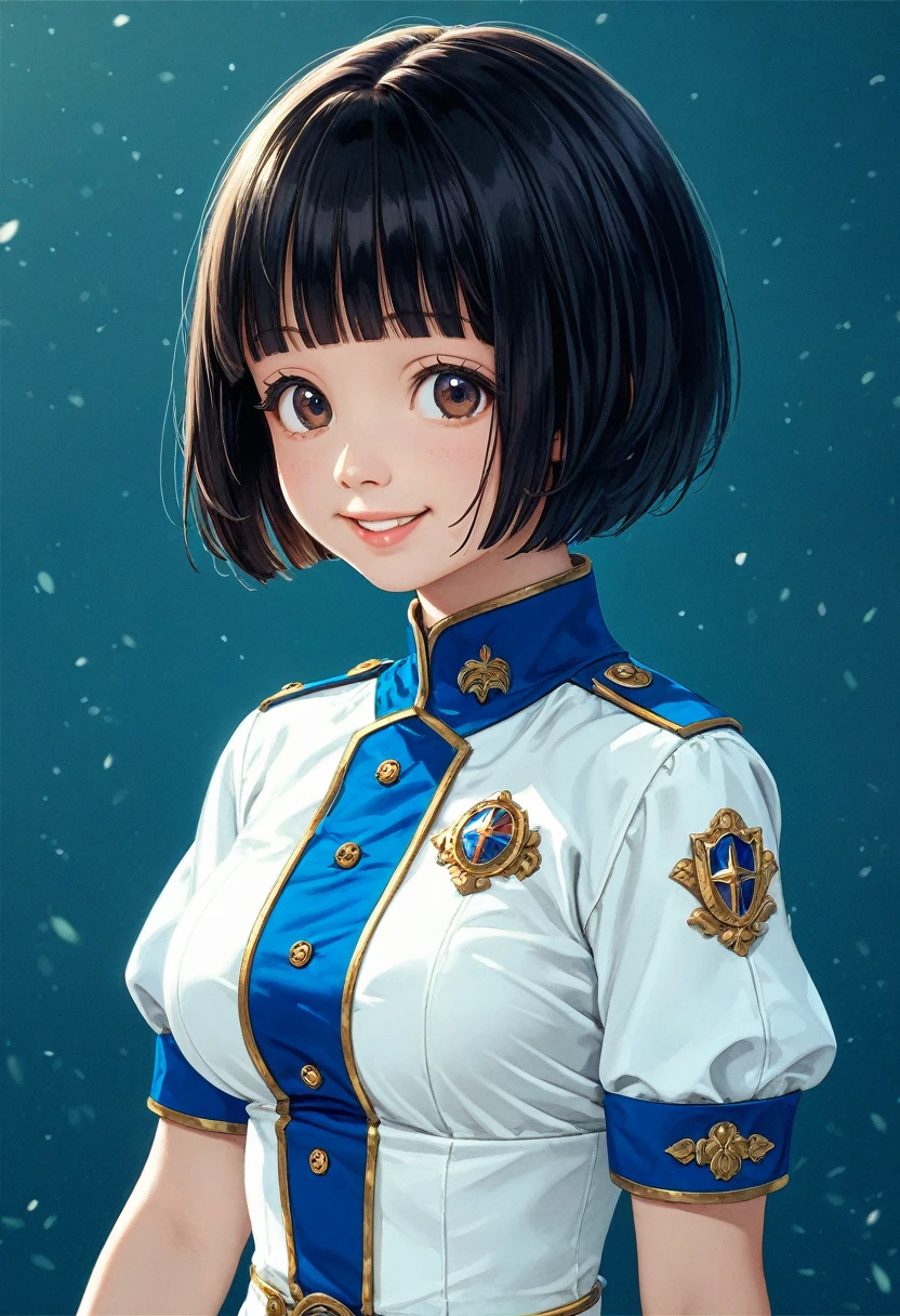 score_9,score_8_up,score_7_up,masterpiece,best quality, source anime, realistic, super detailed, extreme detailed, rating_safe,
1girl, 22yo, short hair, bob cut, (blunt bangs), black hair, (tareme, detailed cute brown eyes), curled eyelashes, (large breasts:0.9),
shiny hair, beautiful detailed eyes, beautiful face,
promotional model uniform, short sleeve cropped jacket, tight fit short sleeve dress,
smile,
(international trade fair venue)