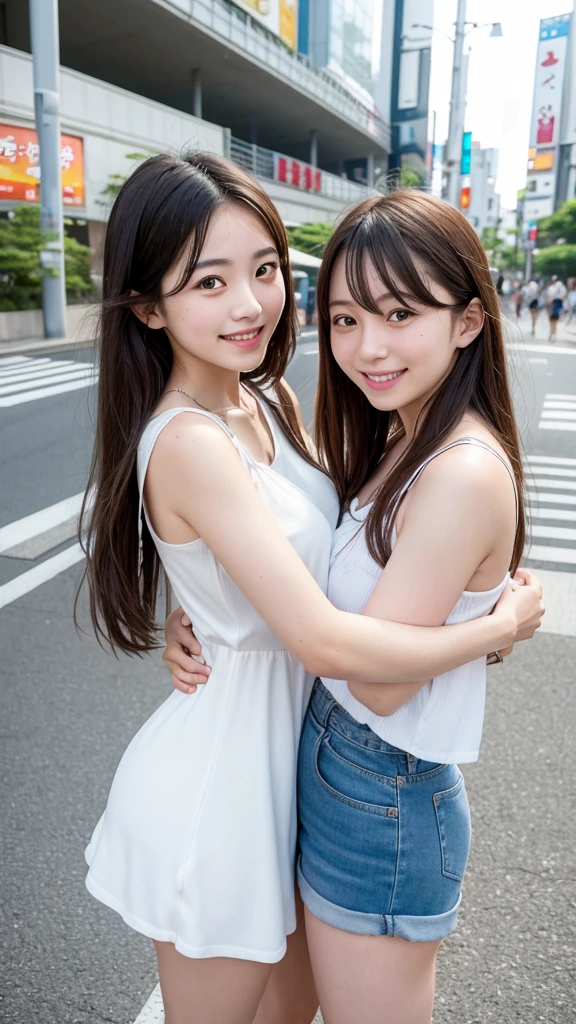 Best quality, high resolution, 8K, two girls, Japanese, hugging, best smile, summer clothes, street fashion, beautiful woman, pretty face, cute face, two cute people, Tokyo cityscape