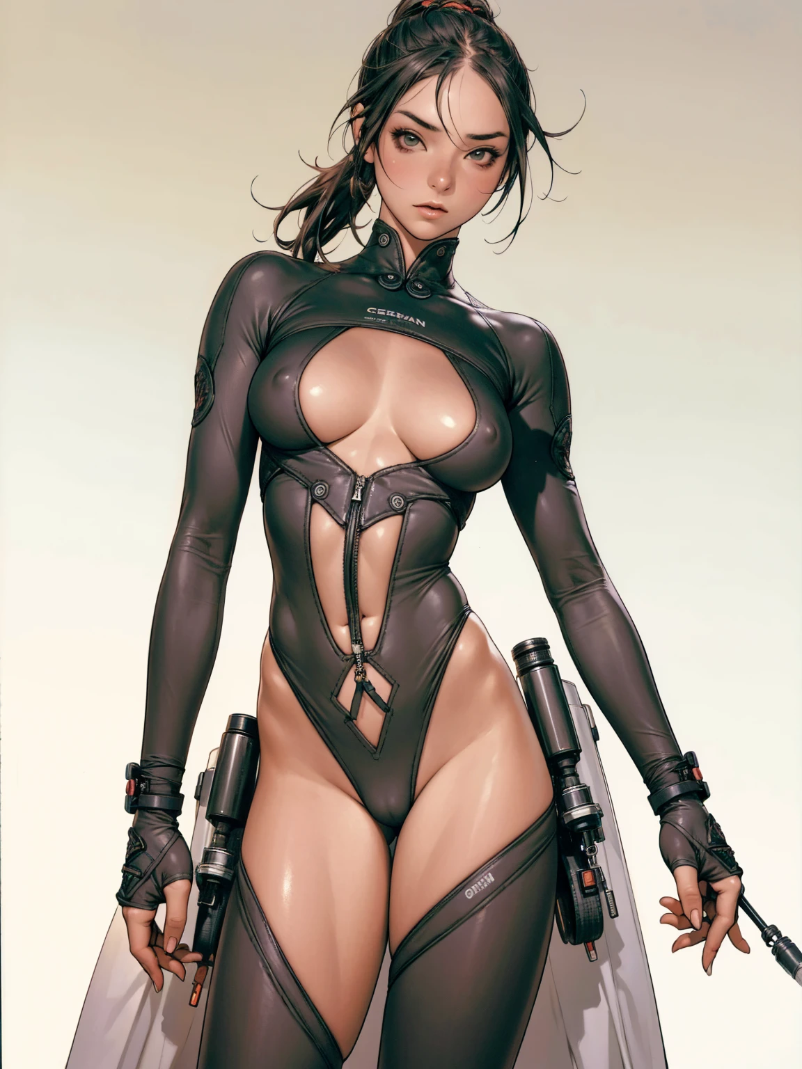 (((urban techwear))), ((( transparent suit ))), (((Bandaged body))), ((high collar)), (((Quorra))), (((best qualityer: 1.4))), (Unbeatable masterpiece), (hiper HD),(CG 8k hyper-realistic), (((brave face))), ((( big))), (((hyper feminine))), sexly g, Tron,(black bob hair)), ((( sculptural body ))), (((1 Kizi))), Kizi cibernética de 25 anos com pectbody,,Beautiful and well-groomed face,muscular body:1.2,solid color detailed jacket, (Head to thigh photos), Complex equipment, green dark,long pants,Tight clothes are dark,With white stars and off-white stripes,,,,,Armor Metal Electronic Parts, Poison tattoos ) INFO, Kizi, (((standing alone))), pirralha violent, (((14歳))), sexlyose de aude, work of art, post-apocalypse, (((manga style))), bounty hunter, violent, Manic, the way you want, slenderbody, thin but strong, perfectbody, roupa moderna, advanced technology, neon, sleeves with vertical striped pattern, neutral background, (( cowboy shot )). intricate visual