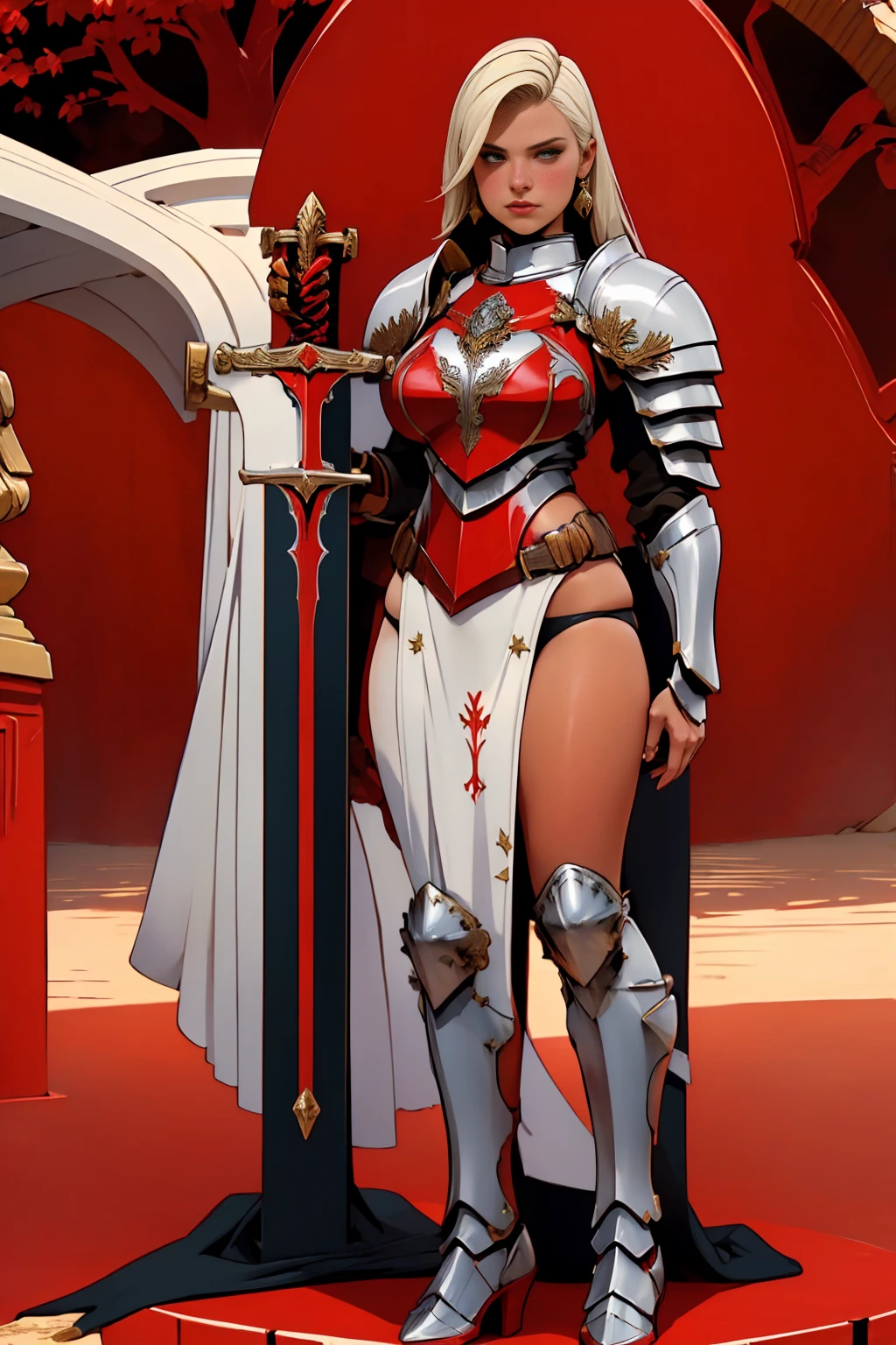 ((Full body photo, standing, feet on the floor))  a woman in a red and silver outfit standing in front of a tree, bikini armor female knight, gorgeous female paladin, lady in red armor, female paladin, extremely detailed artgerm, armor girl, commission for high res, portrait of female paladin, red armor, bikini armor, bikini-armor, a sexy blonde warrior, fantasy paladin woman