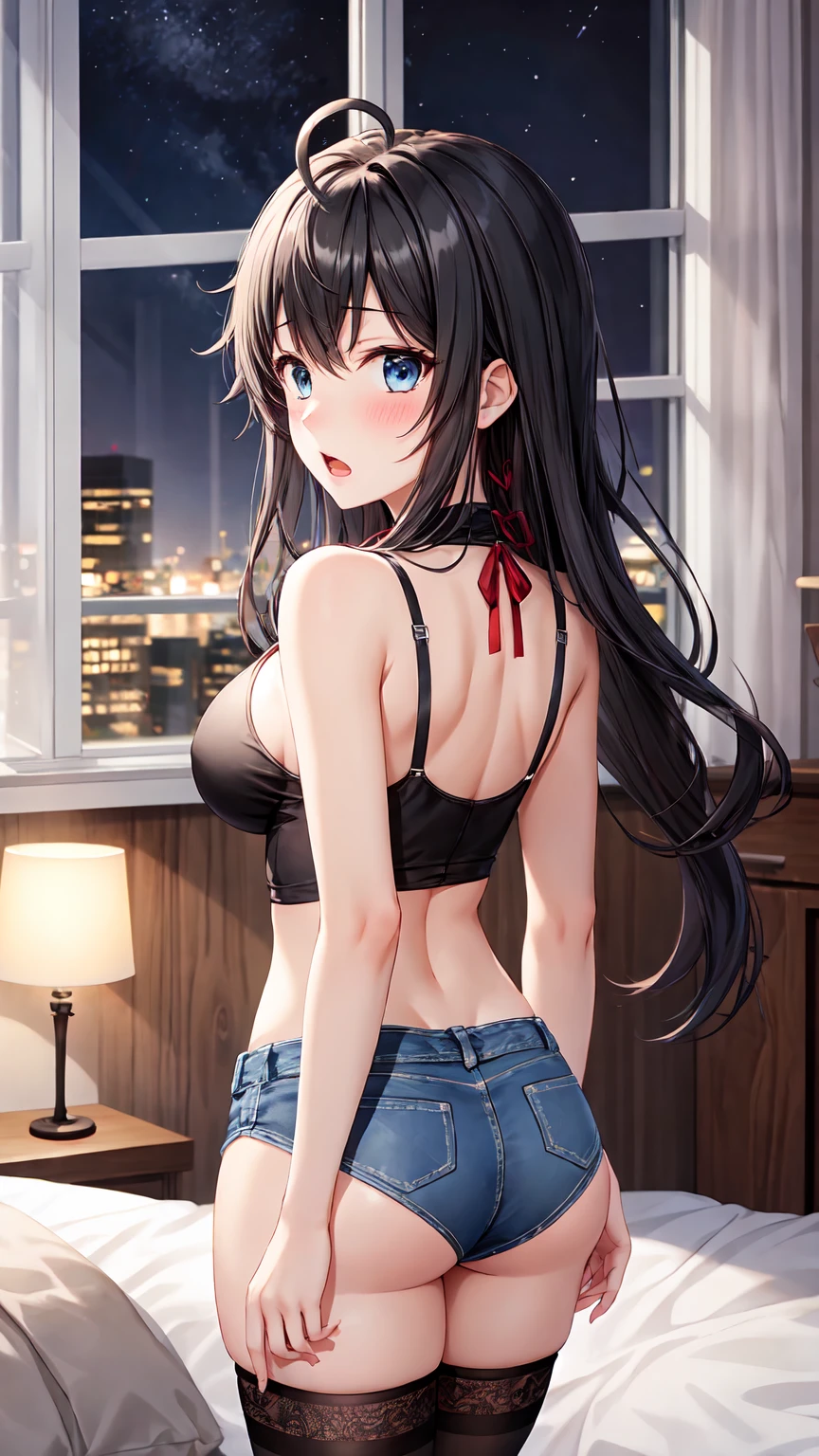 Masterpiece ,best quality , high resolution , (1 girl solo:1.38) , (yukino yukinoshita, black hair, blue eyes, long hair, ahoge) , (cleavage:1.1) , (big breast:1.06) , (denim_micro_short , top tank , stockings , sleeveless) , (face view , back view , from behind , head back , look at view ) , ( windows , indoor, room , night , lamp , bedroom , bed ) , (standing , thighs ) , (cowboy_shot) , ( grown , open mouth , full face blush , shy )