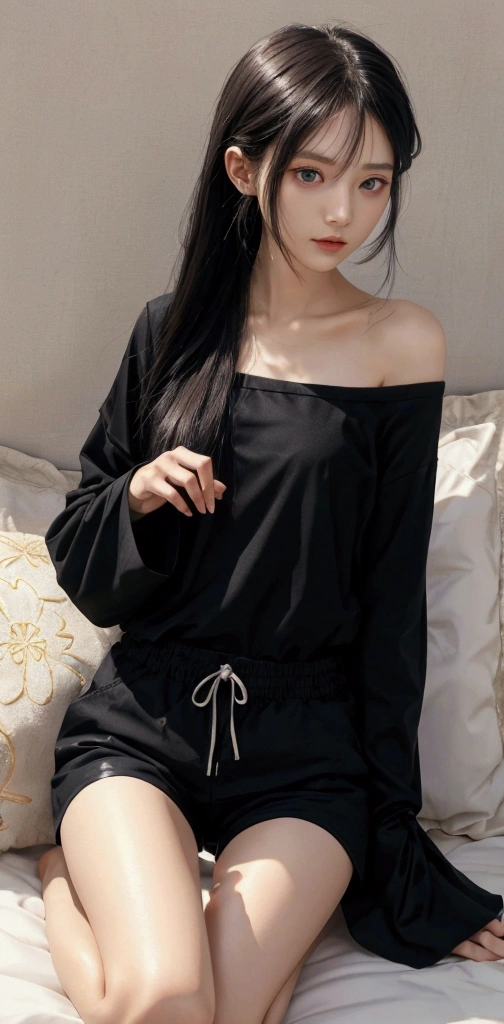 「Create an image of a character with a small, delicate face and a slender nose。Characters、A natural look without makeup、They should have big, pretty eyes facing forward。Characters長い青い髪に短い前髪で、She is wearing a black long sleeve top and shorts。Similar to Mirimu from That Time I Got Reincarnated as a Slime,Down to the feet,