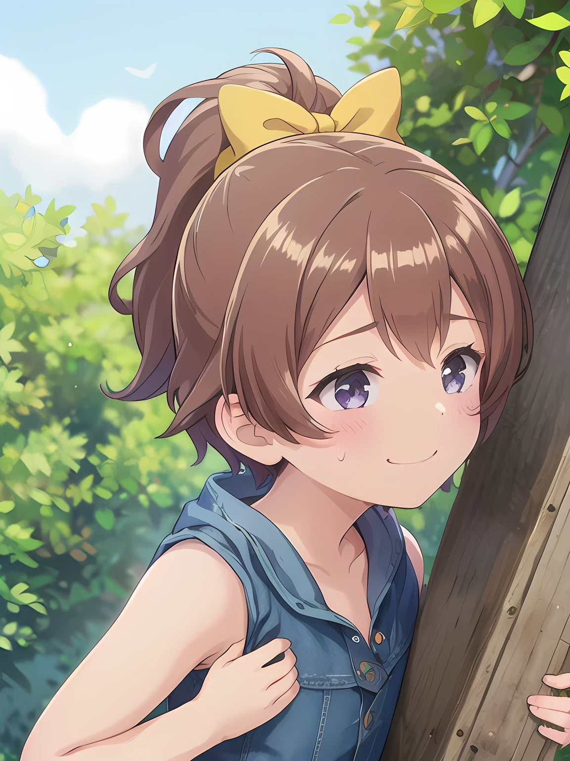 Composition from the side,1girl,1boy,face to chest,Outdoor,1girl,hug,nude,Leaning forward,smile,Brown Hair, short hair, ponytail,yellow ribbon ornament,Flat Chest,upper body,Cleavage,Sweating profusely,Chibi,1boy,look her breast,white face,black hair,white skinned,young aged man,lick her breast