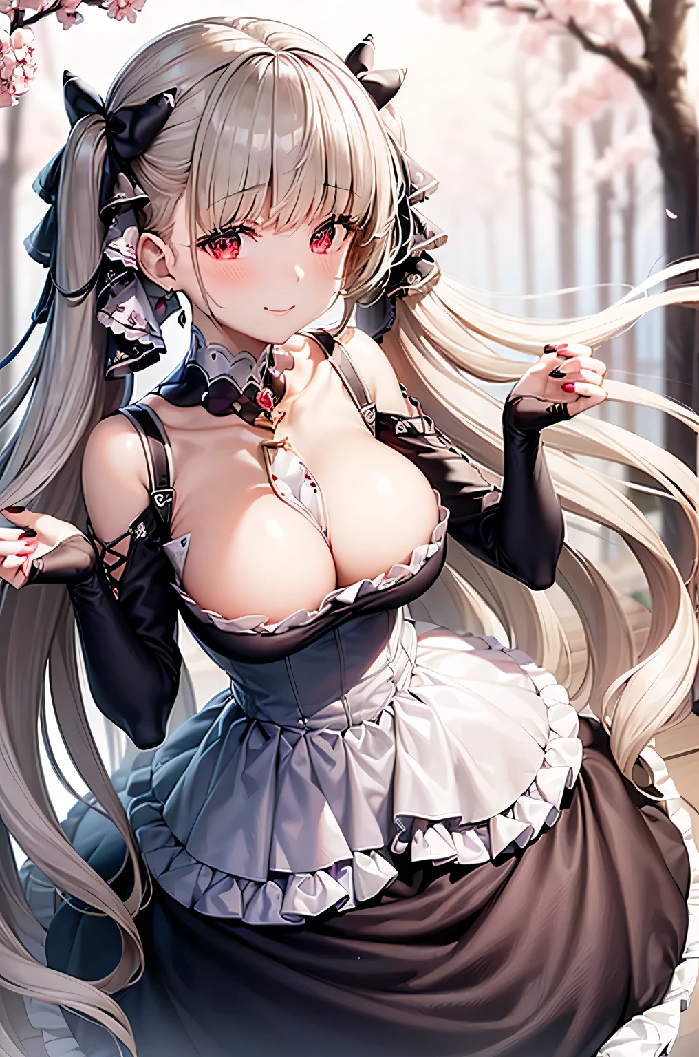 ((dress_default, terrific_default, ornament_waist)):1.5,((solo, 1girl)) ((masterpiece,Highest quality,Highly detailed images,Beautiful images、Realistic、Dutch Angle)),(Top-down angle image)、 (Bright lighting overall、Backlight、A fantastic atmosphere、Thick Fog、Dust flutters),(Sexy pose、Beautiful cleavage、huge breasts, Place your hands behind your back:1.5、Leaning forward、Charming smile), ((Cherry tree、Cherry blossom petals、Cherry blossoms fluttering down))、Black sleeves、Emphasize the chest、Looking up、Hands behind the body、Leaning forwardに