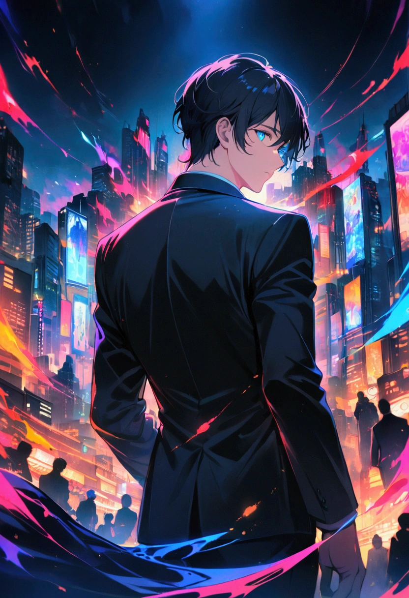 A man with black hair blue eyes in a black suit turns half-face his back on the city at night.