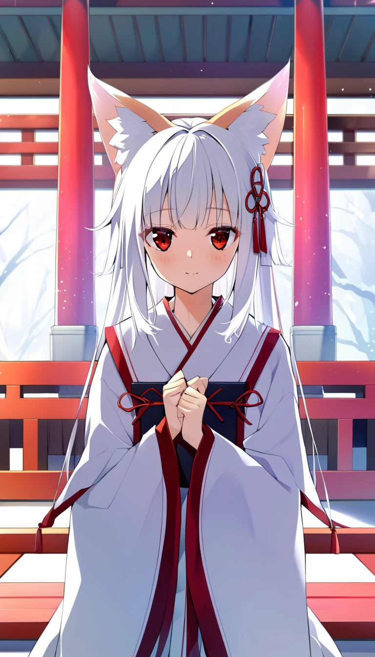 one girl, shrine maiden, fox ears, white hair, red eyes, sacred, beauty, naive,