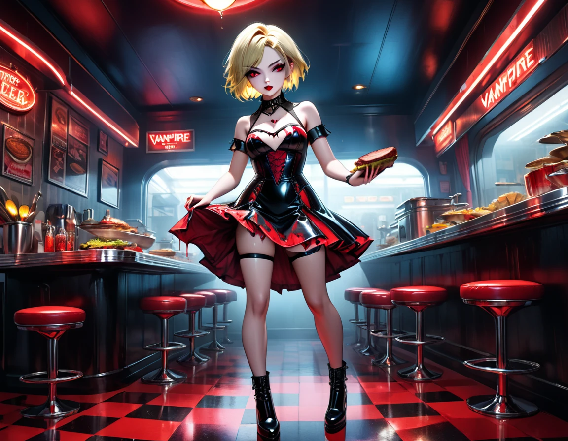 a 3D digital painting picture of extremely (beautiful female vanpire:1.3) ((serving a big juicy raw steak: 1.3)) on a tray, dripping blood in a goth American diner, an exquisite beautiful female (vampire:1.3), (full body: 1.3) ultra feminine ultra detailed face, blond hair, short hair, red lips, red eyes, glowing eyes, wearing sexy white seductive latex dress, serving a goth diner American kitchen background, full body dynamic angle, , award winning, best quality, high quality, high details, highres, vibrant, Ultra-high resolution, High Contrast, (masterpiece:1.5), highest quality, Best aesthetics, best details, best quality, highres, ultra wide angle, 16k, [ultra detailed], masterpiece, best quality, photorealistic, 3D rendering, goth person