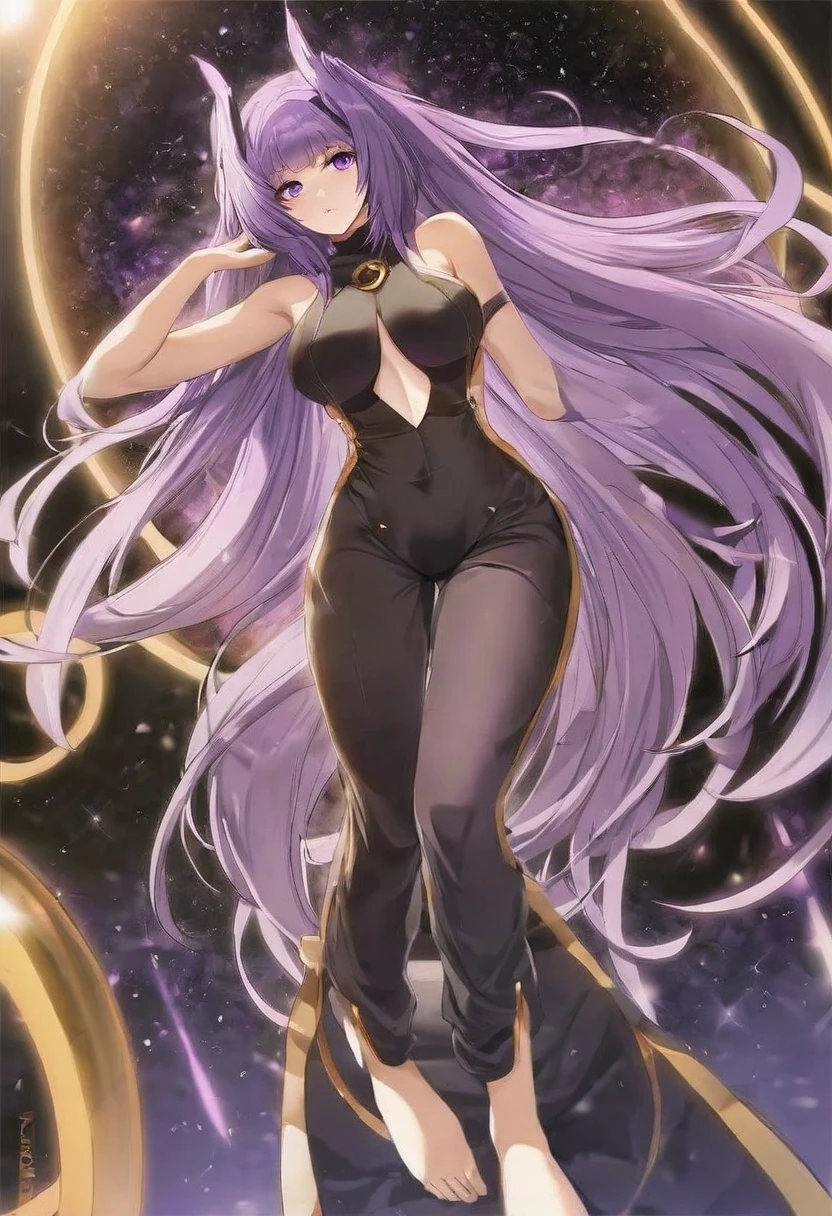 Athena,Purple one-way slightly messy long hair,Purple Eyes,Black one-piece dress,But the jumpsuit is sexy,barefoot,A black hole in the universe,Purple and black black hole,Draw a good look,Normal body proportions