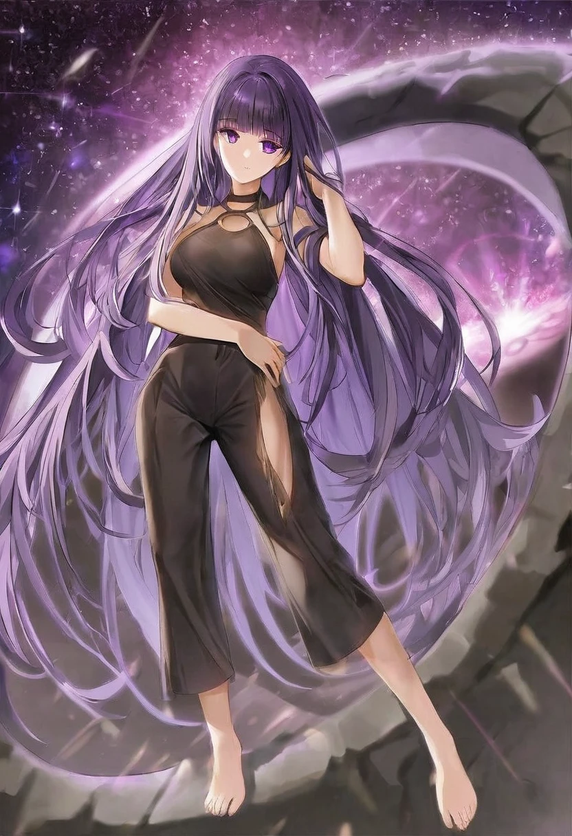 Athena，Purple one-way slightly messy long hair，Purple Eyes，Black one-piece dress，But the jumpsuit is sexy，barefoot，A black hole in the universe，Purple and black black hole，Draw a good look，Normal body proportions