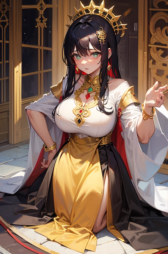 Sexy African-American woman with large breast, large cleavage, green eyes, dark brown skin, and curly bushy black hair wearing a revealing tribal robes
