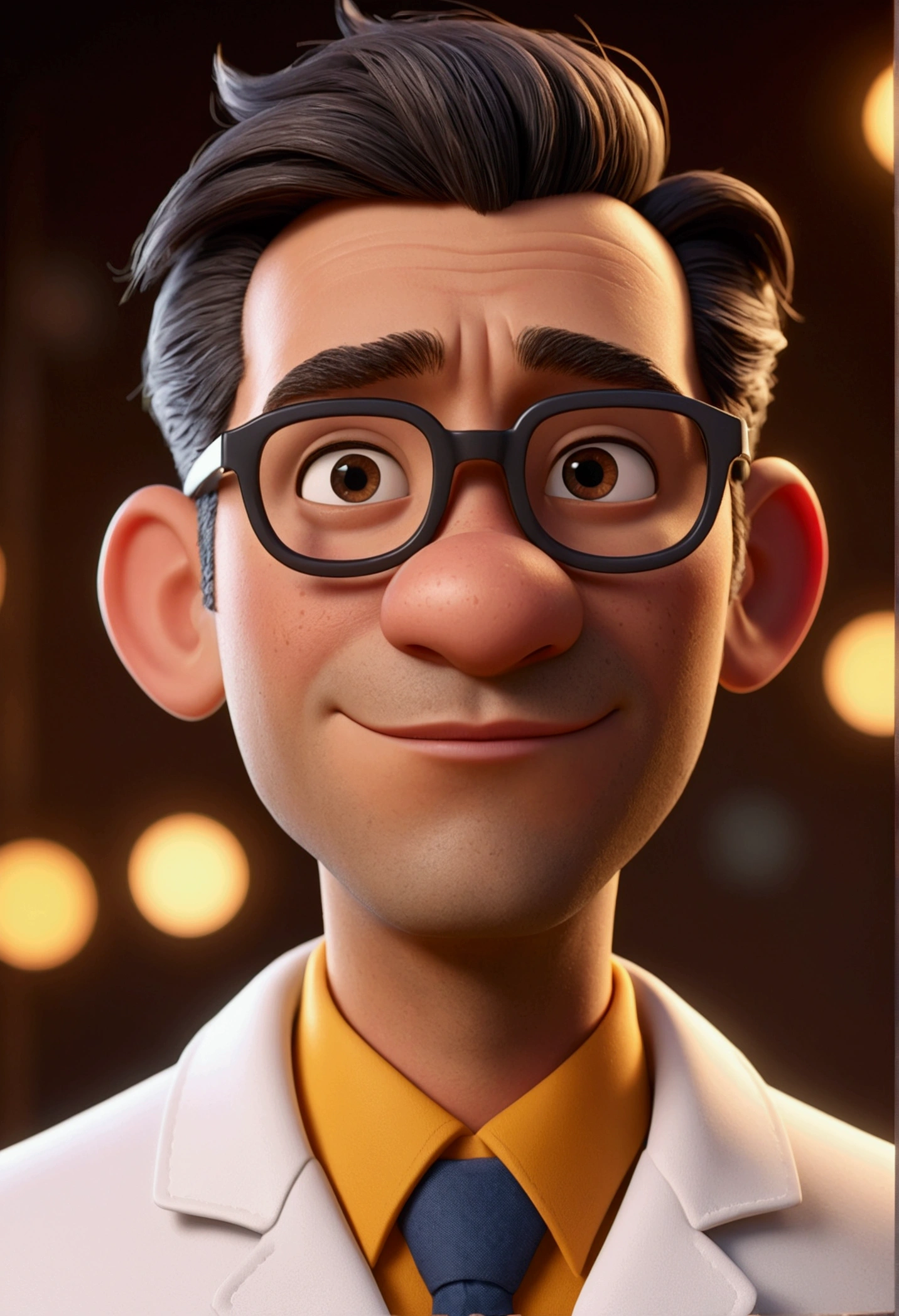 Cartoon character of a man with glasses, gray side hair, with entries, dark brownish brown skin, Oval face, cara gordo, approximately 34 years old, skin with few pimple marks, animation character, wearing a labcoat, stylized character, animation style rendering, 3d stylized, Arnold Maya rendering, Stylized 3D rendering, toon render screenshot, 3d character, 3d character, Stylized 3D rendering, 3D character rendering, cartoon character, Personagem de close up, character posing, (Pixar-style) (master part:1.2) (bokeh) (best qualityer) (skin detailed) (detailed texture) (8K) (Argilla) (cinematic lighting) (sharp focus