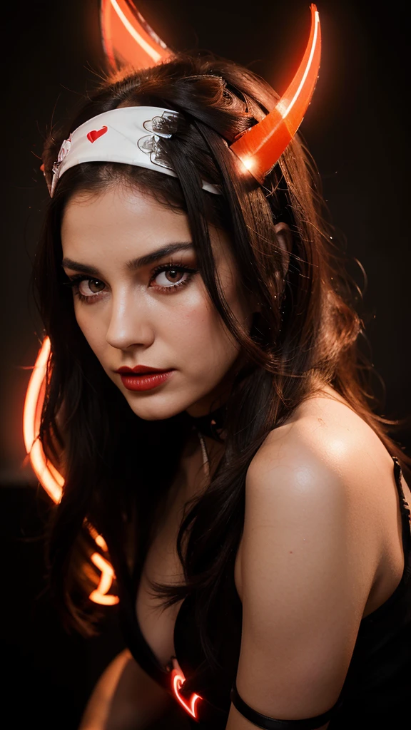 Create a digital artwork of a woman with a captivating and confident expression. She has long, dark hair flowing over her shoulders and intense, almond-shaped eyes. Her makeup is bold, with dark eyeliner and red lipstick. The background is dark, accented with glowing red neon elements including devil horns above her head and a heart shape behind her. A soft white neon light swirls around her, adding contrast and emphasizing her features. The overall atmosphere should be edgy, alluring, and modern, with a hint of mischievousness.