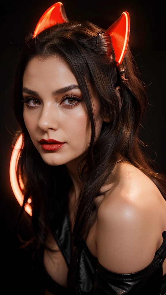 Create a digital artwork of a woman with a captivating and confident expression. She has long, dark hair flowing over her shoulders and intense, almond-shaped eyes. Her makeup is bold, with dark eyeliner and red lipstick. The background is dark, accented with glowing red neon elements including devil horns above her head and a heart shape behind her. A soft white neon light swirls around her, adding contrast and emphasizing her features. The overall atmosphere should be edgy, alluring, and modern, with a hint of mischievousness.