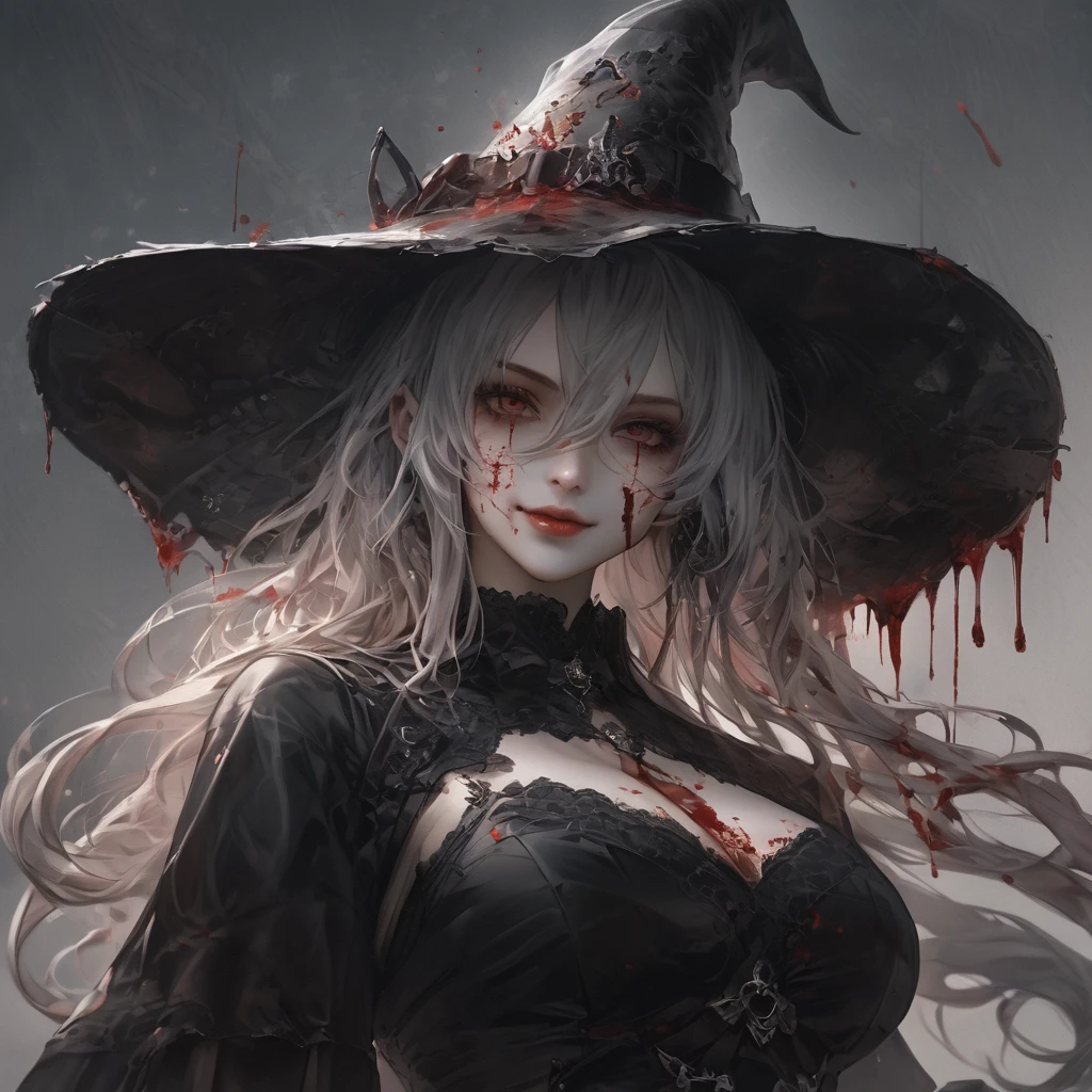 ,Look up,Face shot,Scythe Face,Girl Monster, slave,beautiful, Detailed portrait, Delicate facial features, Sharp Eye, Sharp Fangs, Pale skin, Thick chain, Dark Background, Cinema Lighting, Dramatic Shadows, Gothic style, Gloomy atmosphere, Dark fantasy, One Girl, , Please open your mouth wide, Open your mouth and baring your teeth,Sharp teeth like a beast, Wide lips, very wide mouth, Vermilion cheeks, ,(Blood splatter:1.6),Scary face, Laughter Witch design, Twisted smile、Bloodstained、bleeding from the head,,、Blood splatter、,(Blood splatter:1.6),Crossbones, skull, , Horror Style, ((Fantasy Witch Costume)), ((Flowing white hair)), ,(Blood splatter:1.6),Female curves, Large Breasts, Thick thighs, Sexy flat stomach, Perfect hands, Perfect anime face, ((dark ta dress)), Are standing, ((Wicked Smile)), ,(Blood splatter:1.6),Victorian cities, gaslight, Steam circulates, Moonlight Illumination, night lighting, A sky filled with stars and galaxies,disaster々new devil horns,,(Blood splatter:1.6),アニメゾンビWitch design, Twisted smile、Bloodstained、bleeding from the head,,、Blood splatter、,(Blood splatter:1.6),Crossbones, skull,