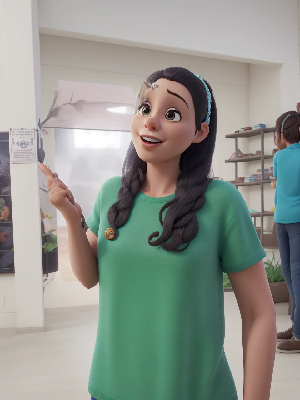 Woman with microphone in hand, levantando a biblia na outra, usando jardineira, preaching to children 3d Pixar cartoon style