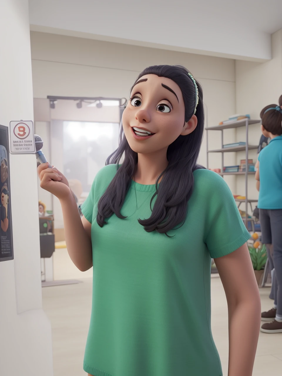 Woman with microphone in hand, levantando a biblia na outra, usando jardineira, preaching to children 3d Pixar cartoon style 