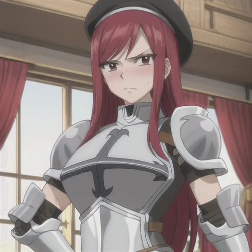 masterpiece, absurdres , (intricate details), (colorful), erza scarlet, blush, sweat, looking at the viewer, armor, breastplate, gauntlets, shoulder armor, (black beret), (black hat), large breasts,