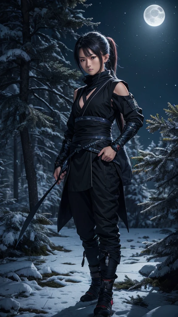 8K resolution, high image quality, high quality, real, female, ninja, kuichi, ice-cold eyes, ninja clothes, or have a shuriken in your hand, moonlit night, full moon, lurking in a pine tree branch, image from head to foot,