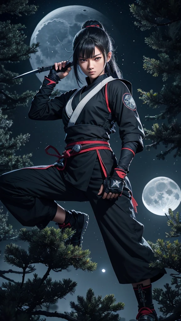 8K resolution, high image quality, high quality, real, female, ninja, kuichi, ice-cold eyes, ninja clothes, or have a shuriken in your hand, moonlit night, full moon, lurking in a pine tree branch, image from head to foot,