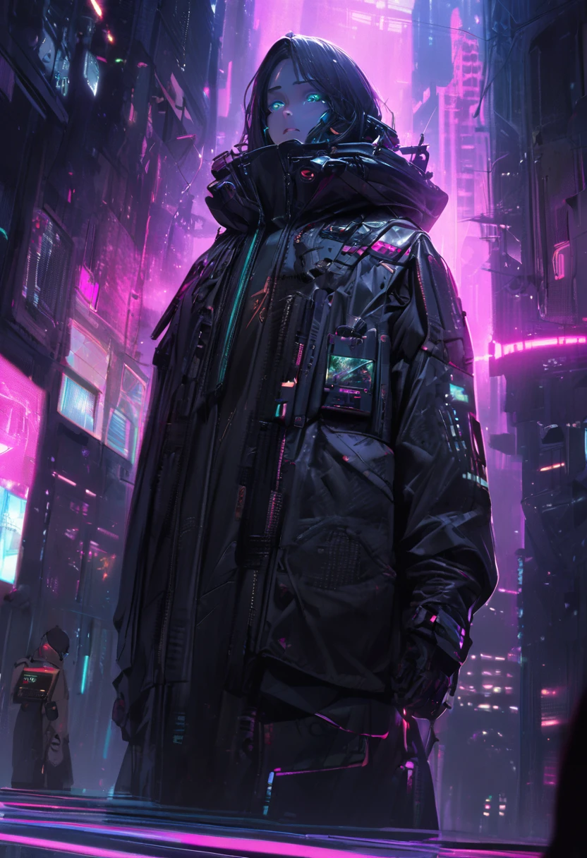 In the dimly lit cyberpunk cityscape, a brooding figure stands silhouetted against neon lights, a digital nomad infused with noir vibes. This concept art is a digitally painted illustration capturing the essence of a futuristic, mysterious individual. The scene is rendered with meticulous detail, highlighting the intricate cybernetic enhancements on the nomad's body, the deep shadows playing across their face, and the flickering glow of their electronic devices. The art is strikingly realistic, immersing viewers in a world of advanced technology and urban isolation.