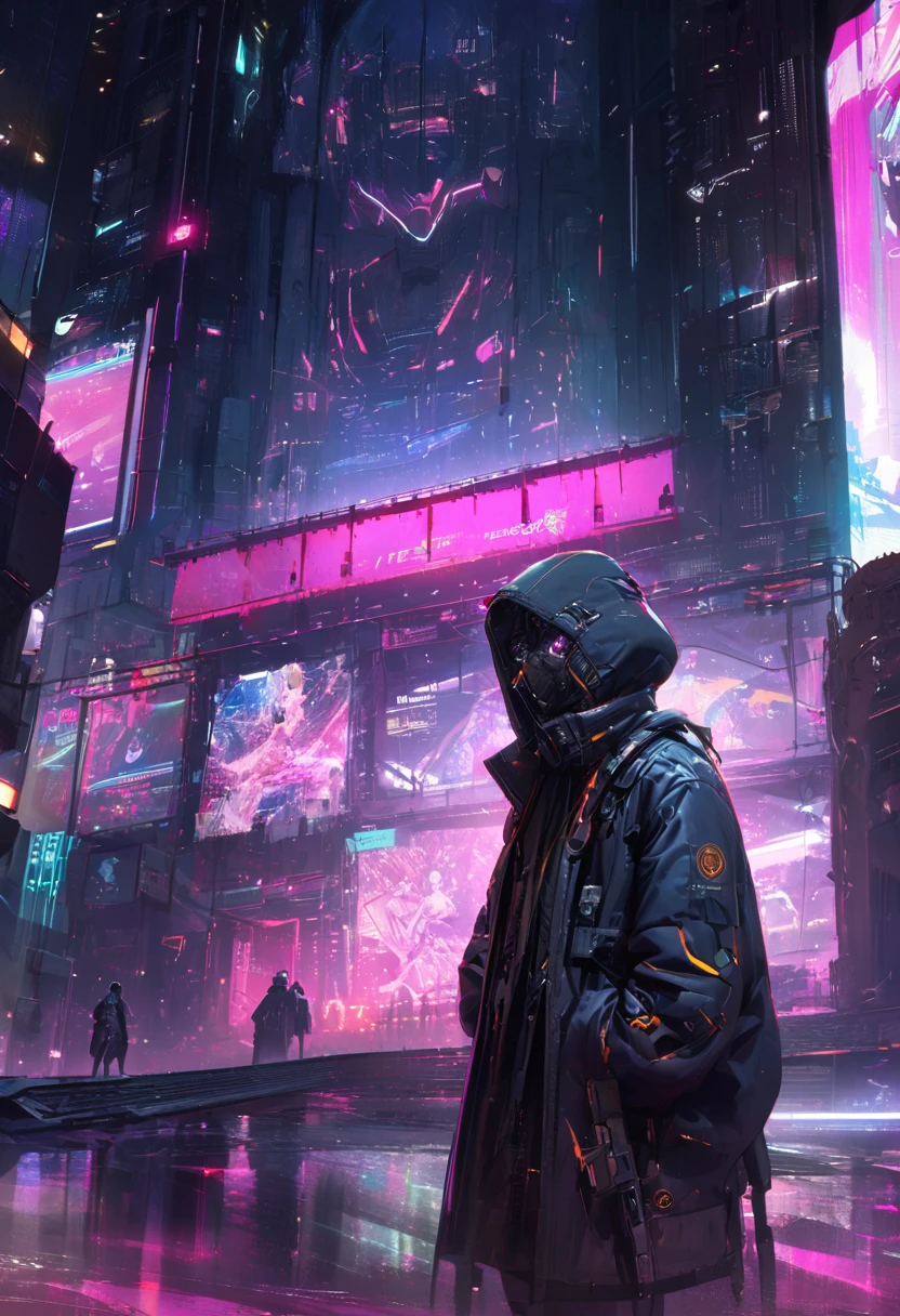 In the dimly lit cyberpunk cityscape, a brooding figure stands silhouetted against neon lights, a digital nomad infused with noir vibes. This concept art is a digitally painted illustration capturing the essence of a futuristic, mysterious individual. The scene is rendered with meticulous detail, highlighting the intricate cybernetic enhancements on the nomad's body, the deep shadows playing across their face, and the flickering glow of their electronic devices. The art is strikingly realistic, immersing viewers in a world of advanced technology and urban isolation.