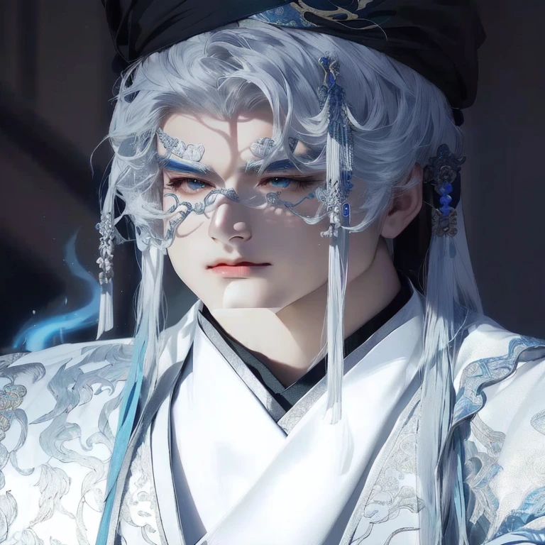 A man with white hair and silver makeup wearing a mask, cai xukun, Inspired by Zhang Han, inspired by Guan Daosheng, zhao yun, heise jinyao, Inspired by Roma, Inspired by Huang Shen, Xianxia fantasy, Inspired by Zhao Yuan, Inspired by Wu Bin, Inspired by Wu Daozi, Xianxia, That