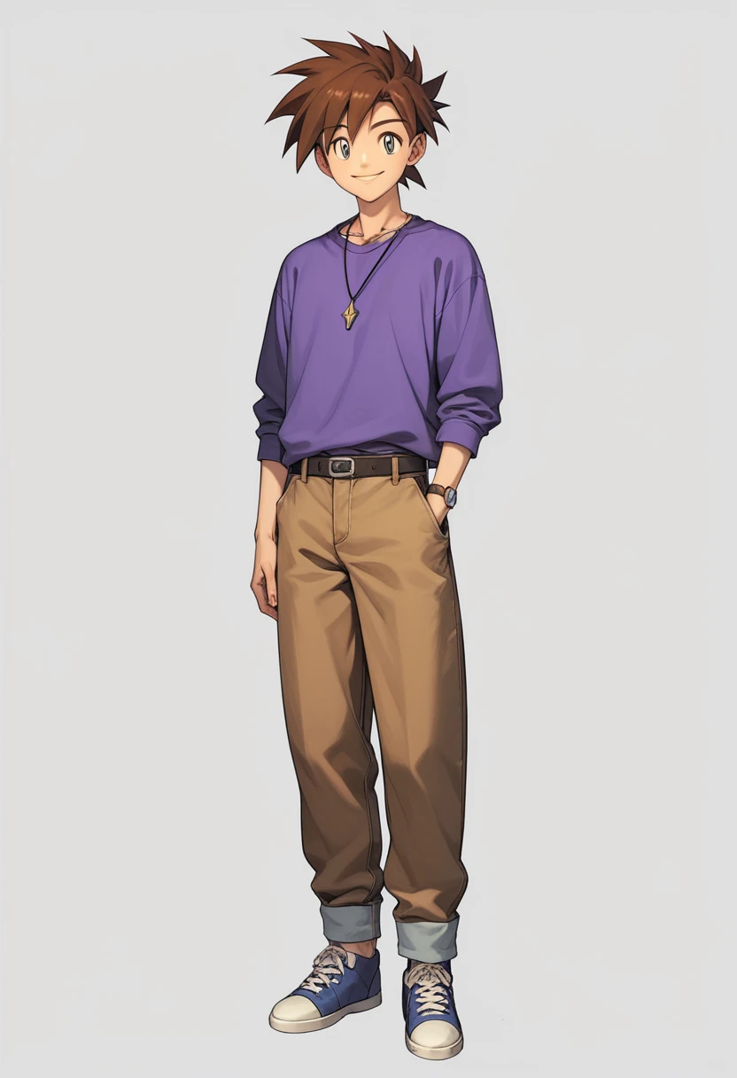 Score_9, Score_8_Up, Score_7_Up, Score_6_Up, Source_Anime, Gary Oak, Kanto Outfit, Pants, Purple Shirt, Looking at Viewer, Full Body, Pendant,smile