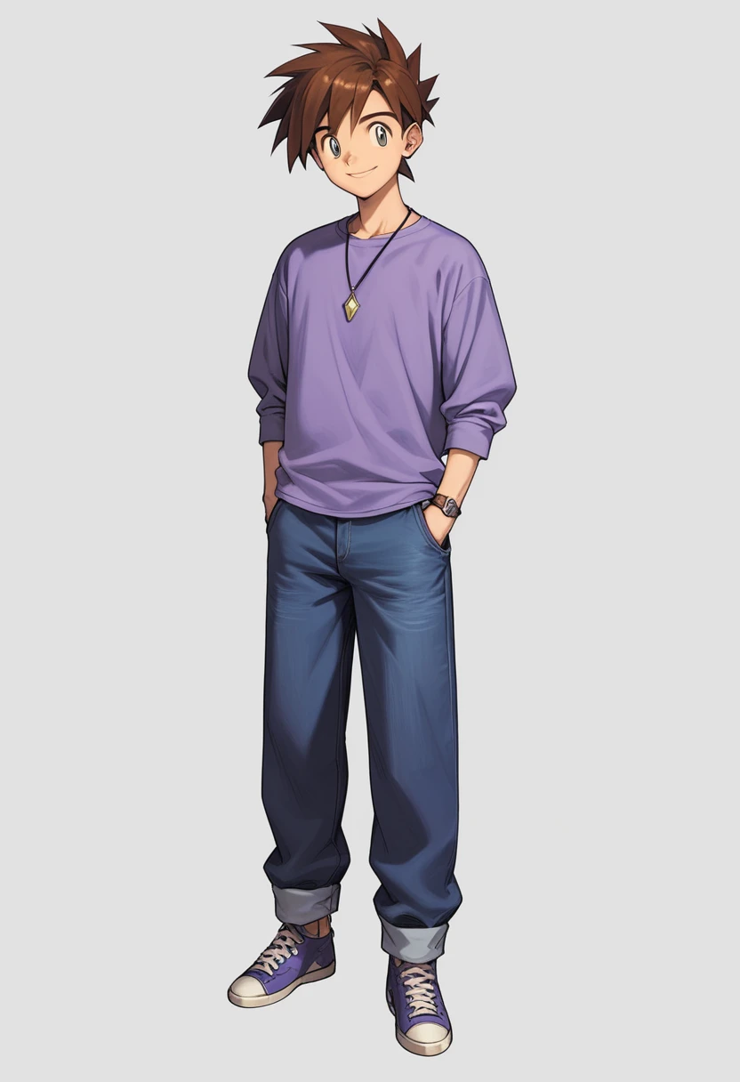 Score_9, Score_8_Up, Score_7_Up, Score_6_Up, Source_Anime, Gary Oak, Kanto Outfit, Pants, Purple Shirt, Looking at Viewer, Full Body, Pendant,smile