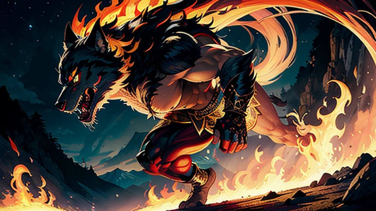 (masterpiece, top quality, best quality, official art, and beautiful:1.2) Scene depicting a Warewolf of War in human form, in hell with big white fangs, He is a great giant, he is a king, he is a strong warrior. Flame, moon in the night sky, magma, At the foot of the mountain, mountains in the distance,(theelementoffire:1.4),Realistic flame, Highly realistic, correct anatomy, full-body shot,muscles, angry gesture, mandala, tangle, entangled,scarred face, Green eyes,Detailed face, angry eyes, Divine light, gold foil, Gold Foil Art, Deep background, absurd and unbelievable, epic work,(intricate details,Ultra-detailed:1.2),Super real photos, epic reality, ((neutral color)),(pastel colors:1.2), surreal, + lens + dynamic composition, Extremely detailed, sharpen, normal, warm light, Light effect, dramatic light, (intricate details:1.1), complex background, (black and red:0.4),