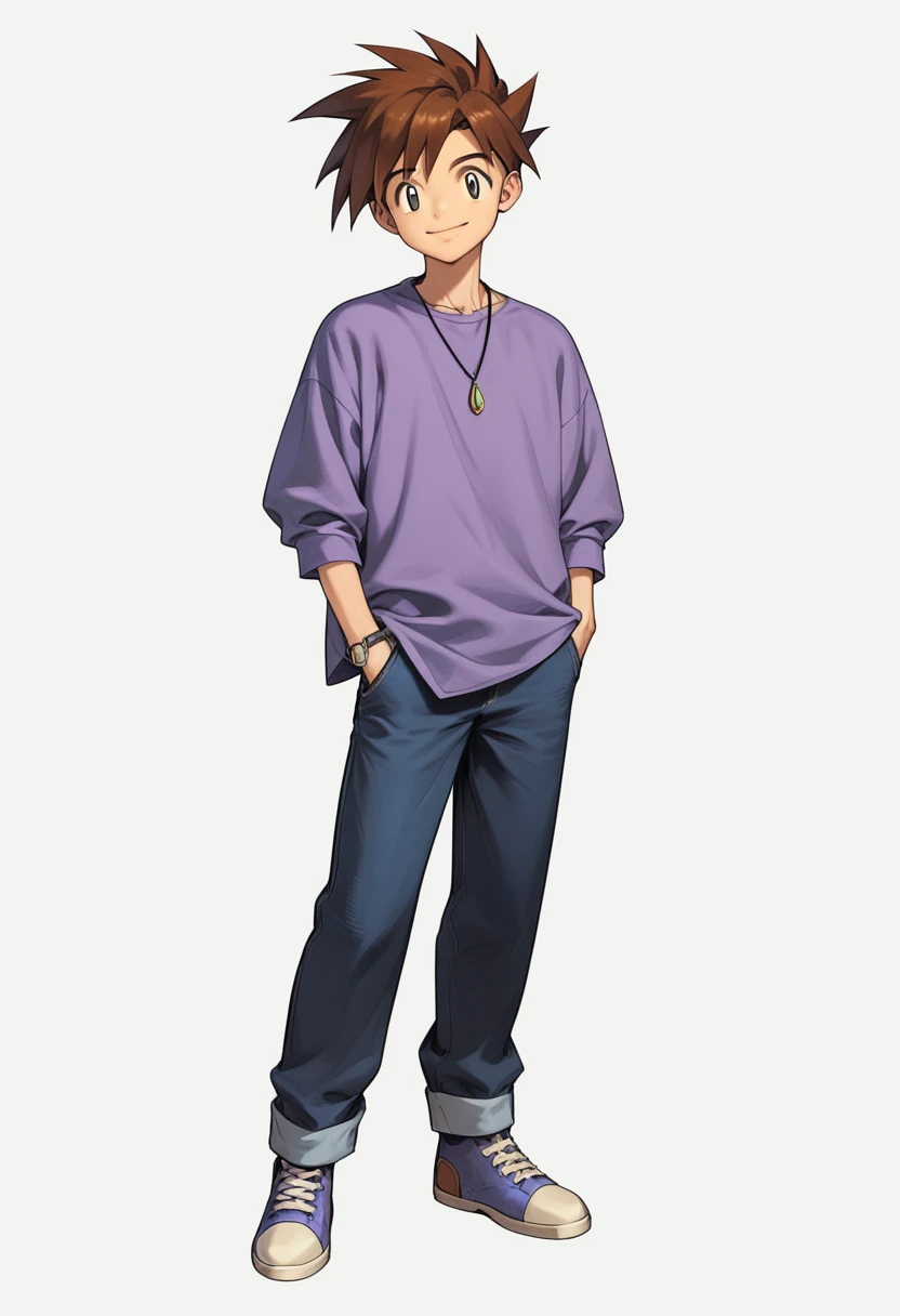 Score_9, Score_8_Up, Score_7_Up, Score_6_Up, Source_Anime, Gary Oak, Kanto Outfit, Pants, Purple Shirt, Looking at Viewer, Full Body, Pendant,smile