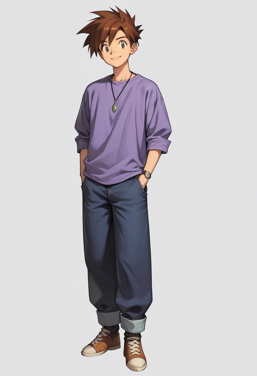 Score_9, Score_8_Up, Score_7_Up, Score_6_Up, Source_Anime, Gary Oak, Kanto Outfit, Pants, Purple Shirt, Looking at Viewer, Full Body, Pendant,smile