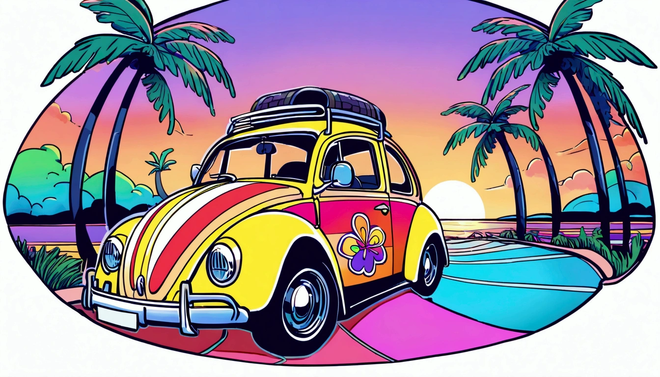 ((Sticker design)), Volkswagen Type 1 beetle, Sunset background, Palm tree, Layers with 5 colors, Corner Street, Belek's Drums, Plethean,