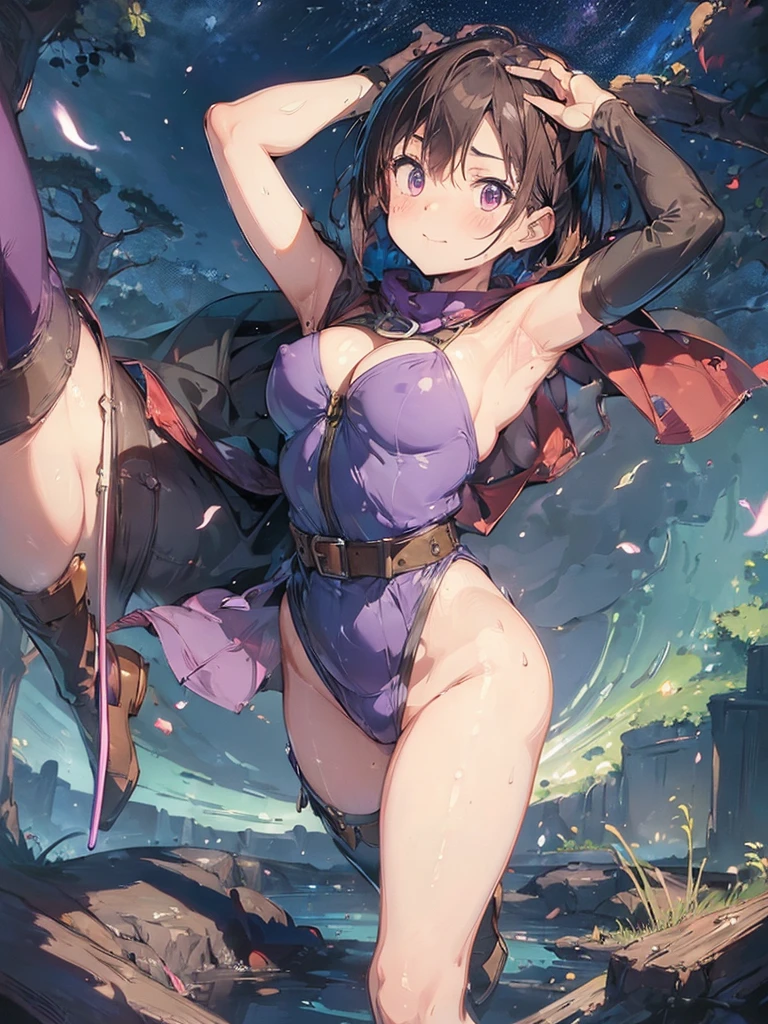 (((highest quality: 1.4))),(an unparalleled masterpiece), (ultra high resolution),(Ultra-realistic 8k CG),nsfw,,{{{erect nipples,big nipples,shiny nipples,red nipples}}},,cleft of venas,nude,official art, (Weapons stored in a sheath on the back:1.2), internal (dq3),, alone, short hair, brown hair, blue eyes, circlet, big breasts, cleavage, strapless, purple cloak, thigh height , elbow bag, boots, belt, sheath,, knee boots,Are standing、 in the dark forest,