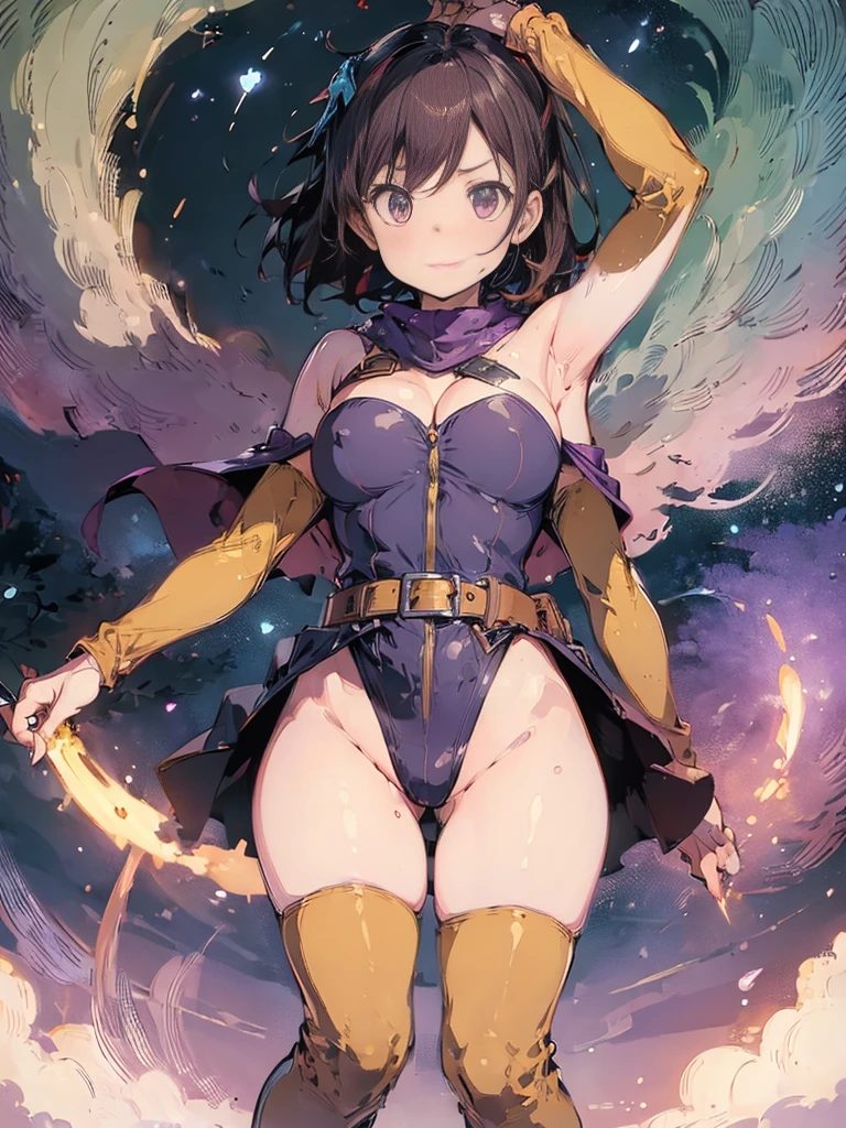 (((highest quality: 1.4))),(an unparalleled masterpiece), (ultra high resolution),(Ultra-realistic 8k CG),nsfw,,{{{erect nipples,big nipples,shiny nipples,red nipples}}},,cleft of venas,nude,official art, (Weapons stored in a sheath on the back:1.2), internal (dq3),, alone, short hair, brown hair, blue eyes, circlet, big breasts, cleavage, strapless, purple cloak, thigh height , elbow bag, boots, belt, sheath,, knee boots,Are standing、 in the dark forest,