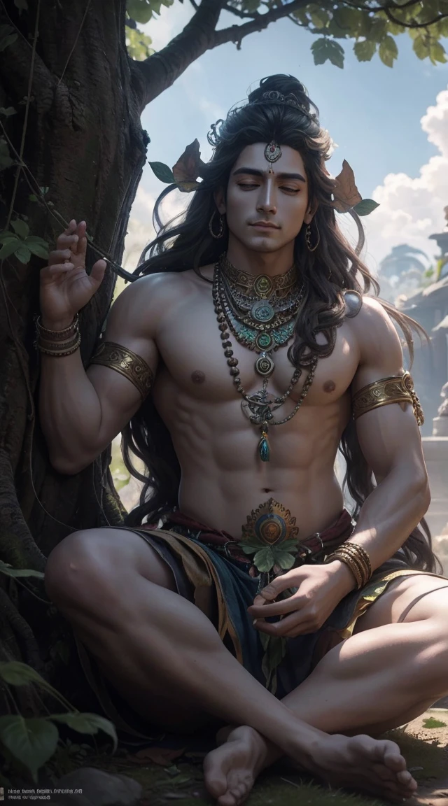 Lord Shiva, meditating under divine tree, wind blowing, sunlight from top angle, little leaf falling from tree, masterpiece, 8k resolution, dynamic lighting, hyper detailed, intricately detailed, trending on Artstation, deep color, Unreal Engine,volumetric lighting, Alphonse Mucha, Jordan Grimmer.