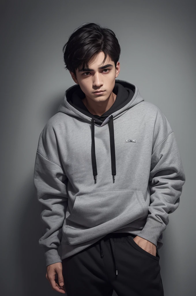 A man with dark circles, brown eyes and a scar on the cheek. He is wearing a dark gray hoodie and a light gray shirt with black horizontal stripes., combined with black pants.



