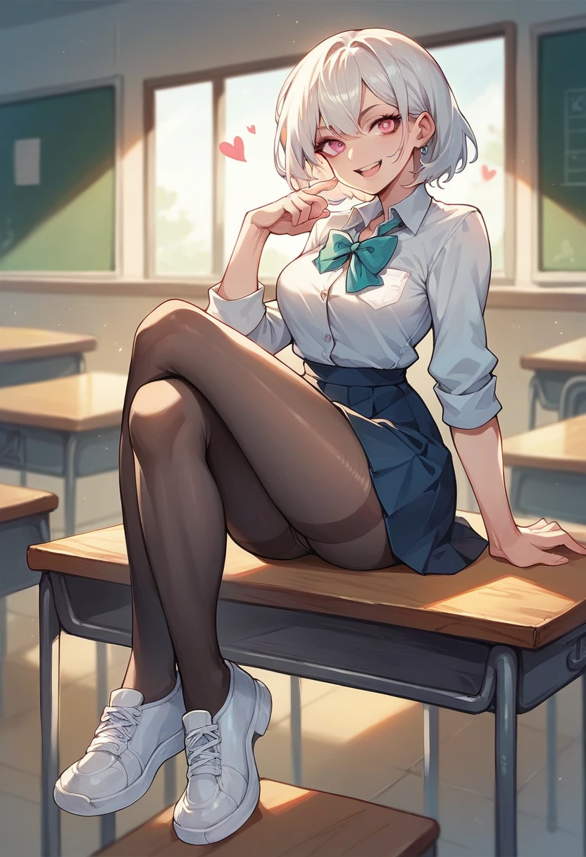 Female Student in a schooluniform with super shiny hose and shoes. She sits on the table. She has a deviant smile and dominpression. She has white hair with shiny pink eyes. She knows everyone is into her.