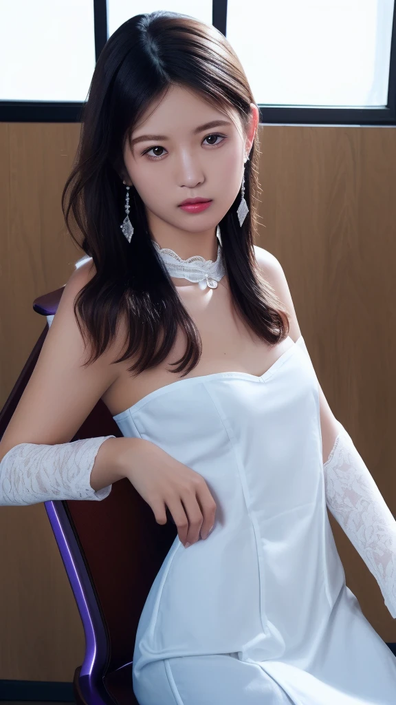 8K RAW PHOTO, masterpiece, best quality, exquisite portrait, anatomy correct, 1 young girl, detailed eyebrows, realistic eyes, super detailed hair, (intricate detail), lips open, very detailed, Perfect face, perfect body, (small breasts: 1.6), mature woman, long legs, shallow depth of field, very blurred background, beautiful necklace, beautiful earrings, strapless white lace sexy dress, (leaning on a chair: 1.8 ), sexy pose, sultry gesture, long slightly curly hair, smooth skin, natural light illumination, high contrast between light and dark, portrait,