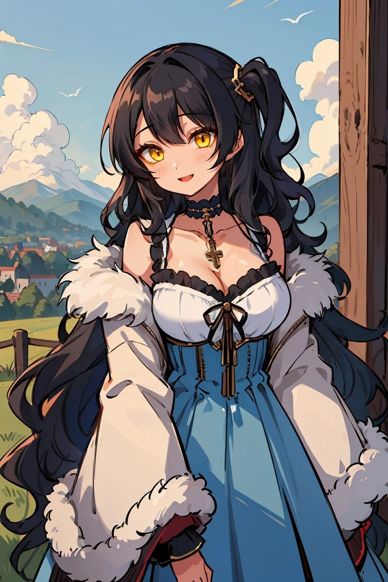(masterpiece:1.2), (high quality:1.2), (hui xiyi:0.7), rekkyo sensen, rekkyou sensen, girls with((1girl, solo, black hair, yellow eyes, (wavy long hair, one side up:1.54), blush, breasts, cleavage, cowboy shot, bare shoulders, dress, lace dress, navy clothes, rosary, rosary choker, cross, choker, collar, collarbone, frills, fur, fur-trimmed hood, fur-trimmed jacket, fur-trimmed sleeves, fur coat, fur collar, fur trim, hood down, hooded coat, hooded jacket, hoodie, jacket, large breasts, long hair, long sleeves, medium breasts, open clothes, open coat,open hoodie, sleeveless, winter clothes, zipper, cleavage, upper body)), background with((fantasy world, ruin, castle, beautiful sky, shining sky, sunshine, architecture, blue sky, bush, castle, village, no humans, cloud, cloudy sky, day, fence, field, garden, blue rose, grass, hill, lamppost, landscape, mountain, mountainous horizon, nature, outdoors, scenery))