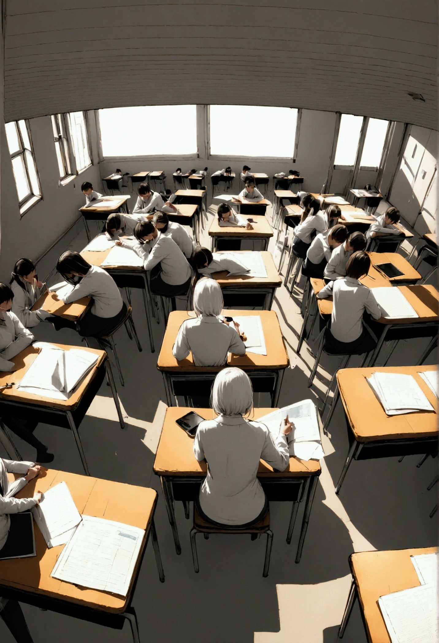 ((Many students:1.9) sitting at a desk taking an exam:1.5), (A woman takes a photo of herself taking an exam with her iPhone),One test paper on each desk. break ,quality\(8K,非常に精細なCGユニットのwallpaper, masterpiece,High resolution,top-quality,top-quality real texture skin,Surreal,Increase the resolution,RAW Photos,最高quality,Very detailed,wallpaper,Cinema Lighting,Ray-tracing,Golden Ratio\),(Long Shot),Elevation,(View from above:1.3),avert your eyes,(The students and their desks are neatly arranged. :0.2),(Better Hands)