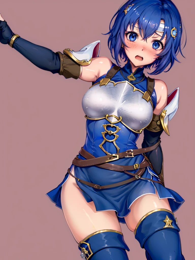 (White background:1.2),Catria_Nanometer, cute, Blue Hair, short hair, blue eyes, cute, Narrow waist, small, Toned Up, Large Breasts, Bare shoulders, Red neckerchief, Blue elbow gloves, Blue fingerless gloves, Pauldrons, belt, breastplate, White headband, Short dress, Dress slit, Blue tight boots, Blue long boots, Pegasus Knight Uniform (Fire emblem), low length,blush,Scared,distress,Open your mouth