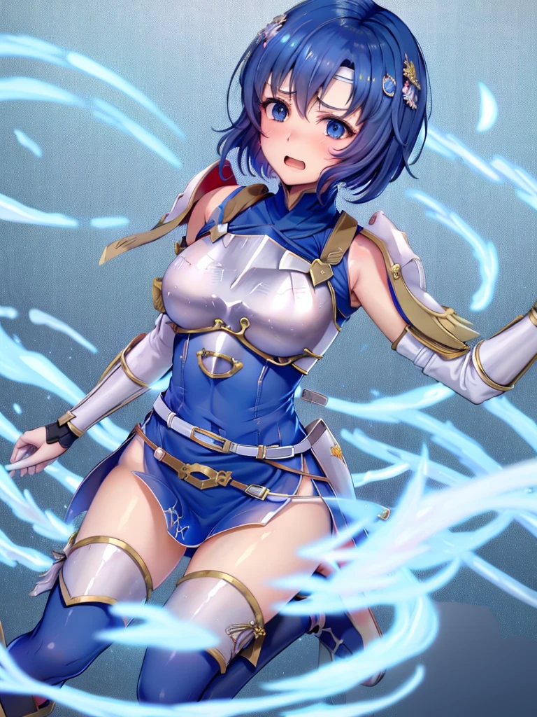 (White background:1.2),Catria_Nanometer, cute, Blue Hair, short hair, blue eyes, cute, Narrow waist, small, Toned Up, Large Breasts, Bare shoulders, Red neckerchief, Blue elbow gloves, Blue fingerless gloves, Pauldrons, belt, breastplate, White headband, Short dress, Dress slit, Blue tight boots, Blue long boots, Pegasus Knight Uniform (Fire emblem), low length,blush,Scared,distress,Open your mouth