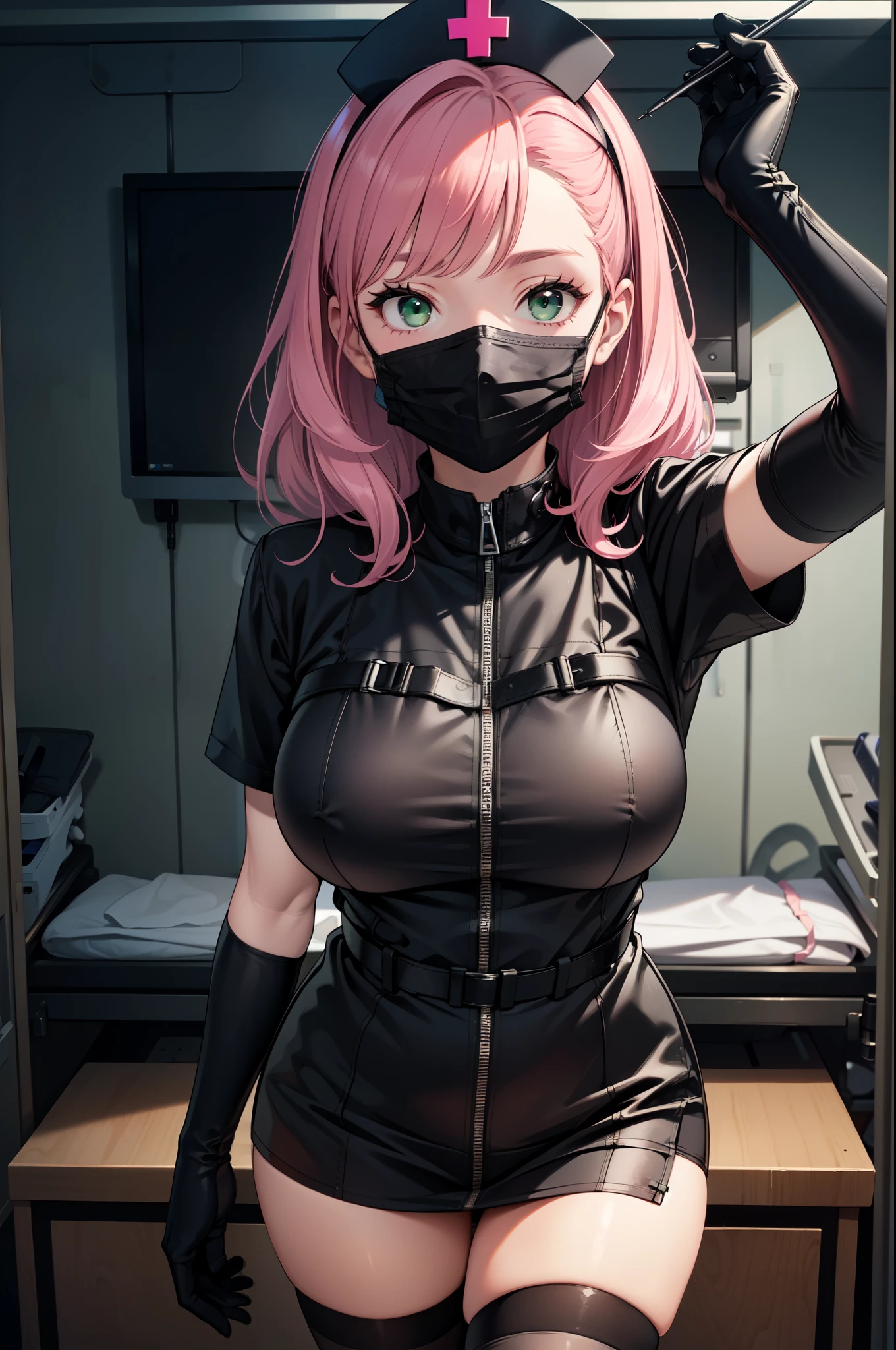 black nurse, 1woman, solo, black nurse cap, black nurse uniform, ((black legwear, zettai ryouiki)), black elbow gloves, pink hair, green eyes, drooping eyes, ((black surgical mask, covered nose)), standing, ((surgery room)), sharp outline, short sleeves, mature female, 32 years old, best quality, masterpiece