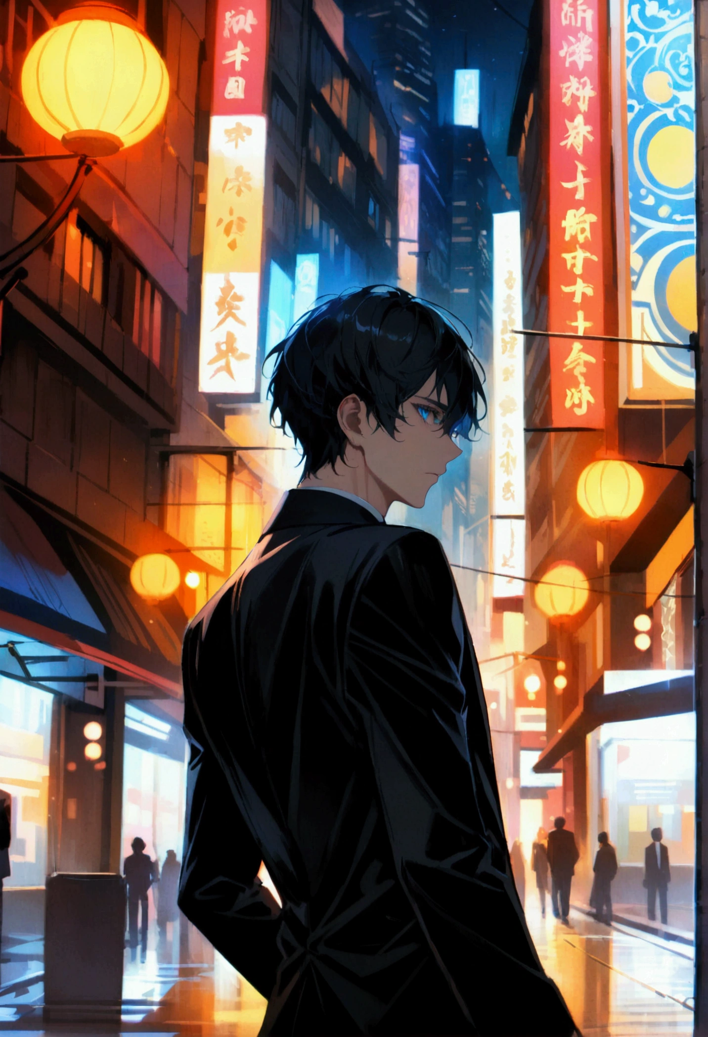 A man with black hair blue eyes in a black suit turns half-face his back on the city at night.