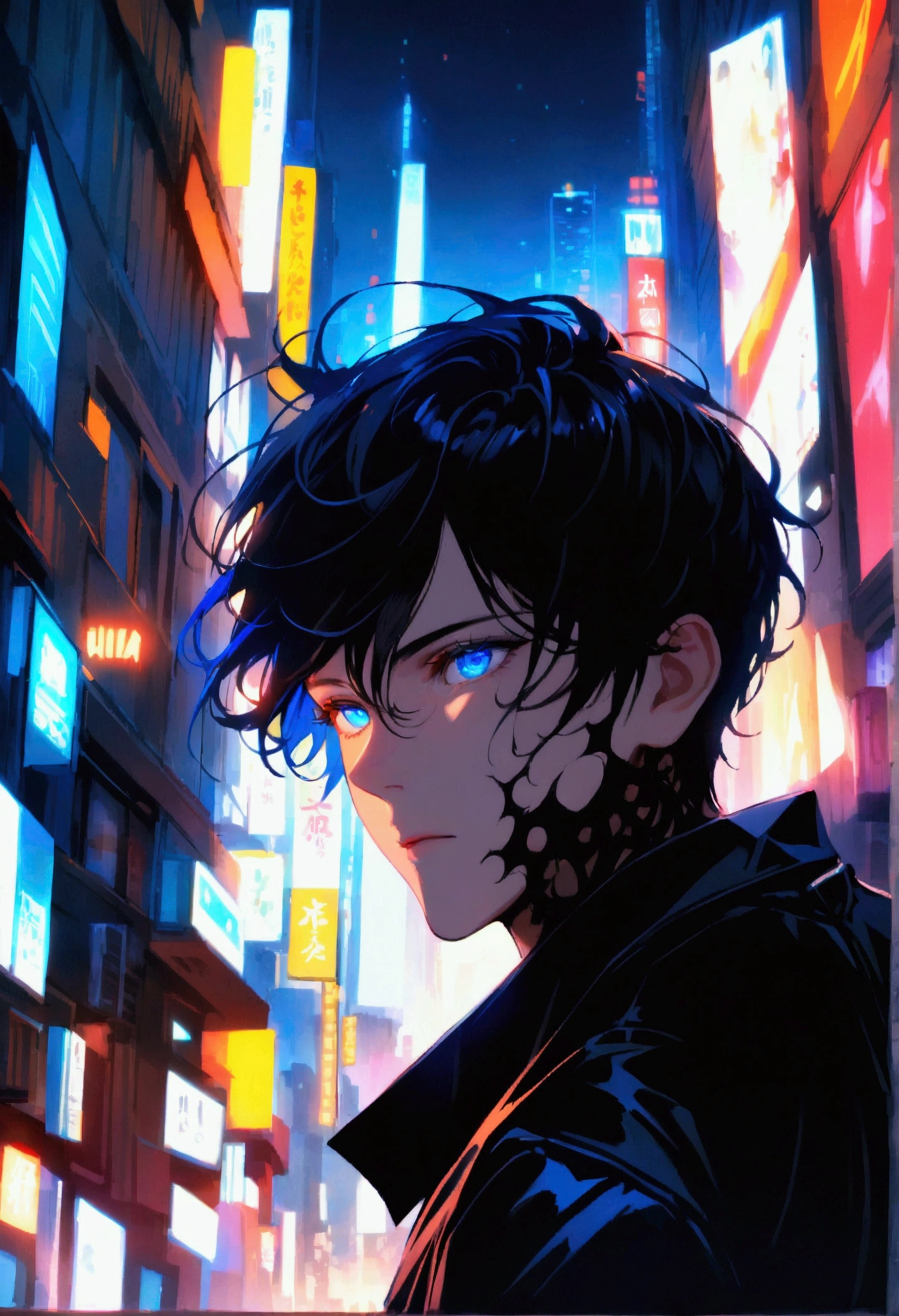 A man with black hair blue eyes in a black suit turns half-face his back on the city at night.