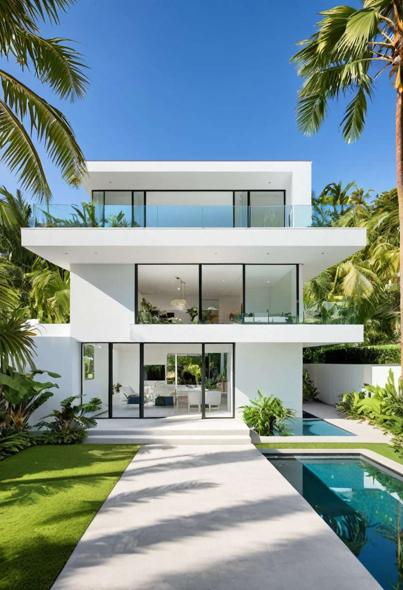 A hyper-realistic image of a modern house with a minimalist design, featuring a combination of white and blue materials. The house has a flat roof, large glass windows, and a balcony with a white railing. The entrance is flanked by lush greenery and palm trees. There is a white gate in front and the garden includes various tropical plants. The overall ambiance is serene and contemporary, with detailed textures and realistic lighting, shadows, and reflections. The colors are bright and fresh, showcasing the crispness of the materials and the surrounding environment. The lighting is natural and gives a bright midday feel.
