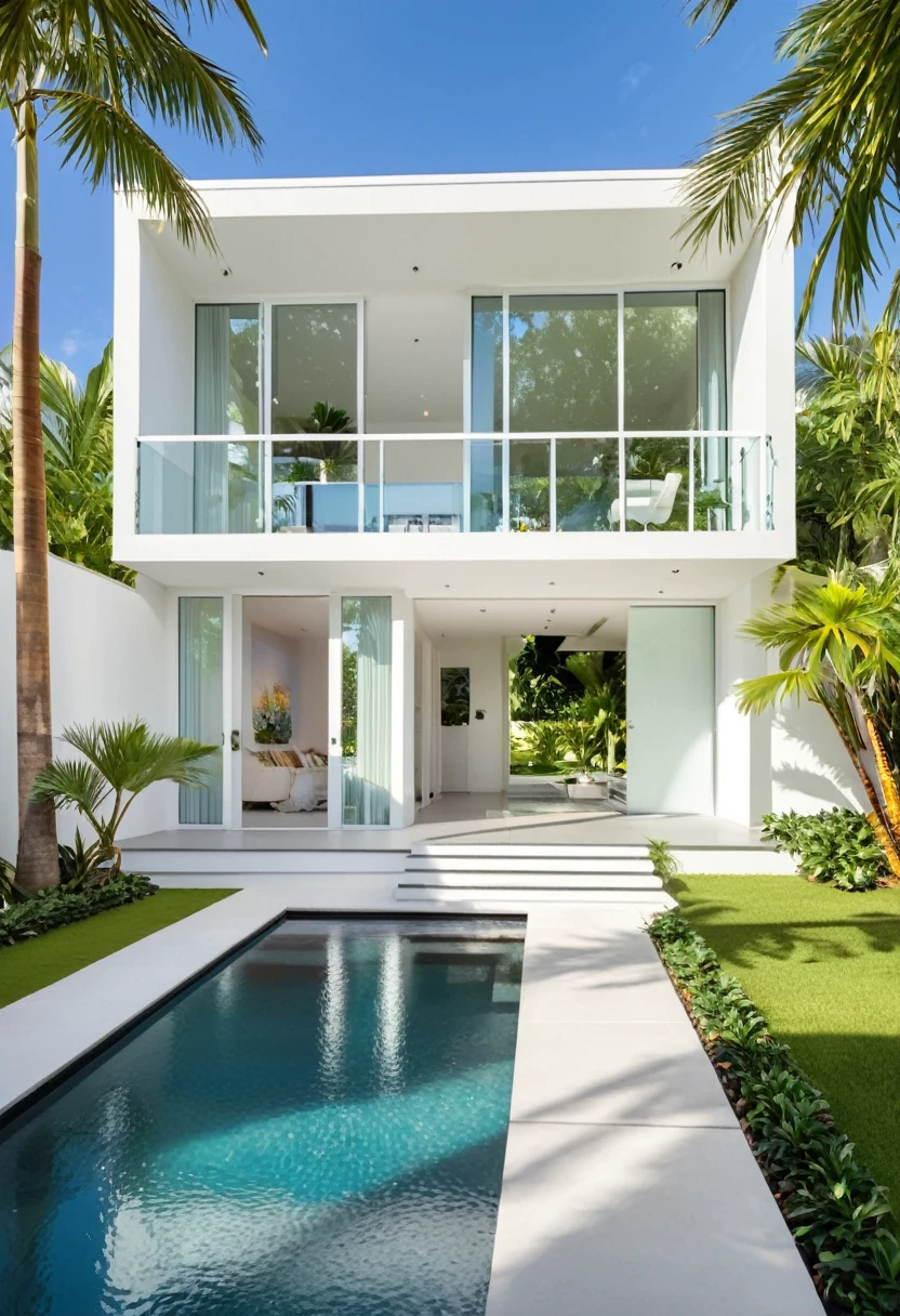 A hyper-realistic image of a modern house with a minimalist design, featuring a combination of white and blue materials. The house has a flat roof, large glass windows, and a balcony with a white railing. The entrance is flanked by lush greenery and palm trees. There is a white gate in front and the garden includes various tropical plants. The overall ambiance is serene and contemporary, with detailed textures and realistic lighting, shadows, and reflections. The colors are bright and fresh, showcasing the crispness of the materials and the surrounding environment. The lighting is natural and gives a bright midday feel.
