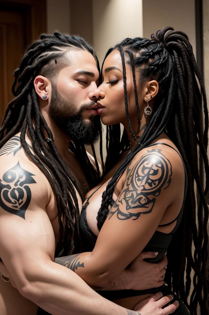 Chubbie white woman, with tattoos and piercings, with dreadlocks and dark roots in her hair, kissing a man with long black hair and beard.