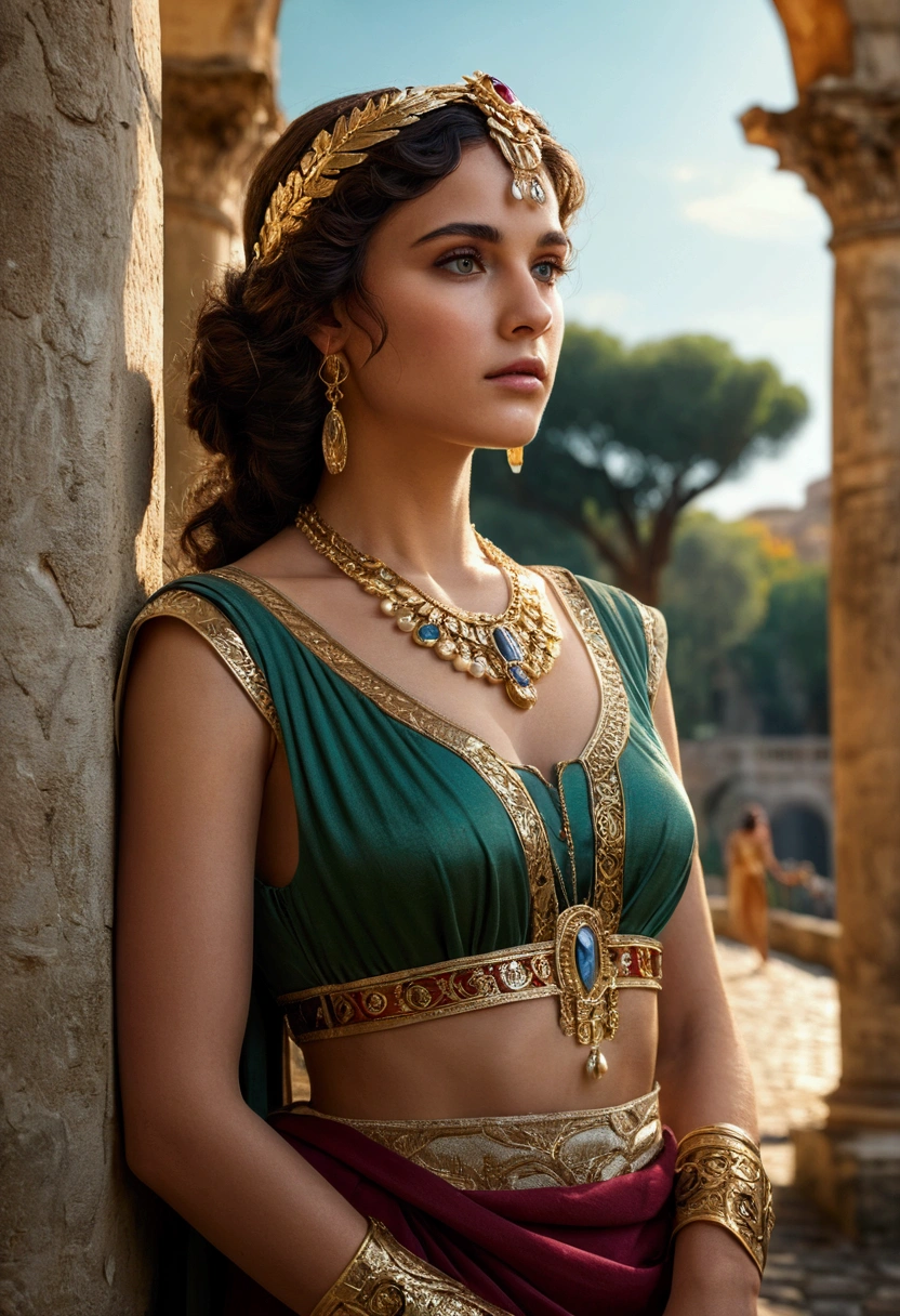 Cleopatra, ultra realistic 8k cg, flawless, clean, masterpiece, professional artwork, famous artwork, cinematic lighting, cinematic bloom, perfect face, beautiful face, fantasy, dreamlike, unreal, science fiction, lace, lace trim, lace-trimmed legwear, luxury, jewelry, diamond, gold, pearl, gem, sapphire, ruby, emerald, intricate detail, delicate pattern, charming, alluring, seductive, enchanting, hair ornament, necklace, earrings, bracelet, armlet, halo, autumn, best quality, solo, looking at viewer, Realis (Wide portrait, masterpiece, highest quality, UHD texture, High quality shadow, intricate details, beautifully detailed, vivid colors, cinematic light, soft glow, bokeh, sharp focus, detailed beautiful delicate face, perfect composition, pure innocence) (best quality, 4k, highres, masterpiece, ultra-detailed, realistic, highly detailed photo, fine detail, polished, complex, elegant, sharp focus, illuminated, highly detailed, cinematic, still, professional, thought, iconic, gorgeous, romantic), (High Detail RAW color Photo, beautiful girl, Roman Villa, River olive Trees, ancient rome, aquaduct, detailed clothing, intricate clothing, action pose, looking at camera, motion, beautiful digital artwork atmospheric, raytracing), royal palace background